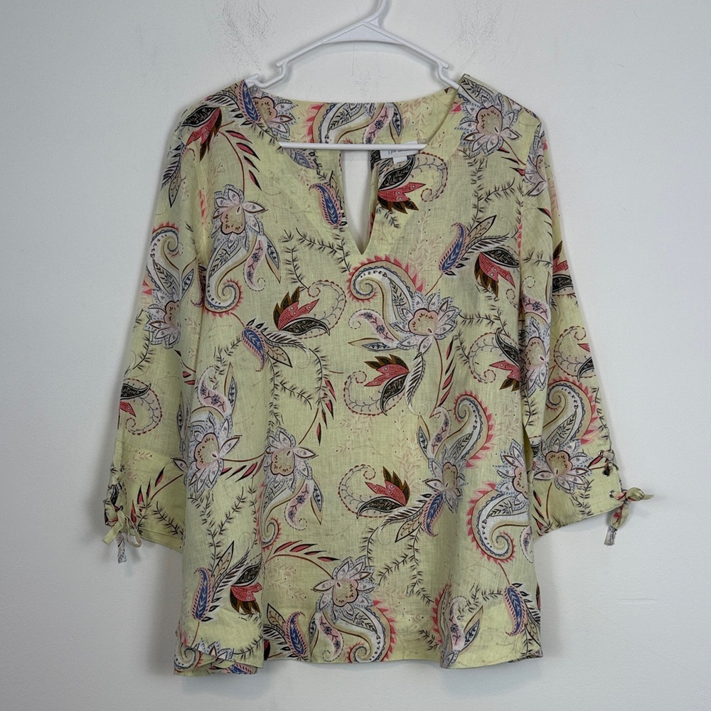 J. Jill Love Linen Paisley Floral Midsummer Top in Light Zest Yellow Size Medium